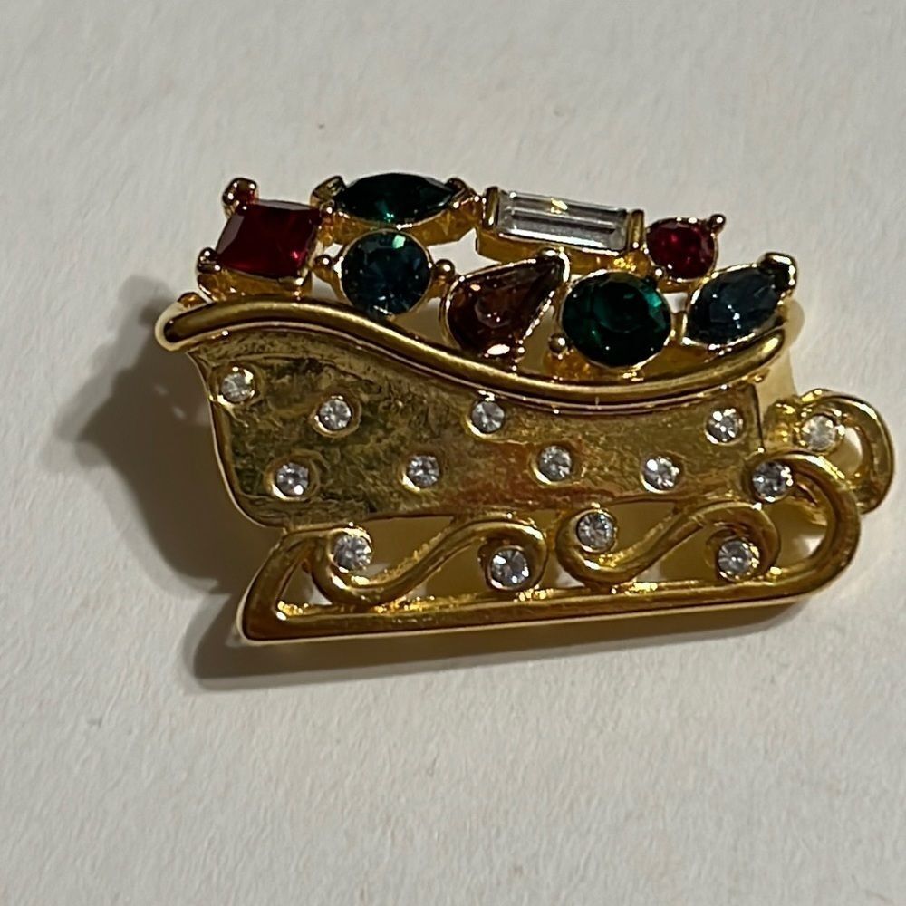 Vintage Monet Gold-tone Christmas Sleigh Pin - Colorful Rhinestone Gifts